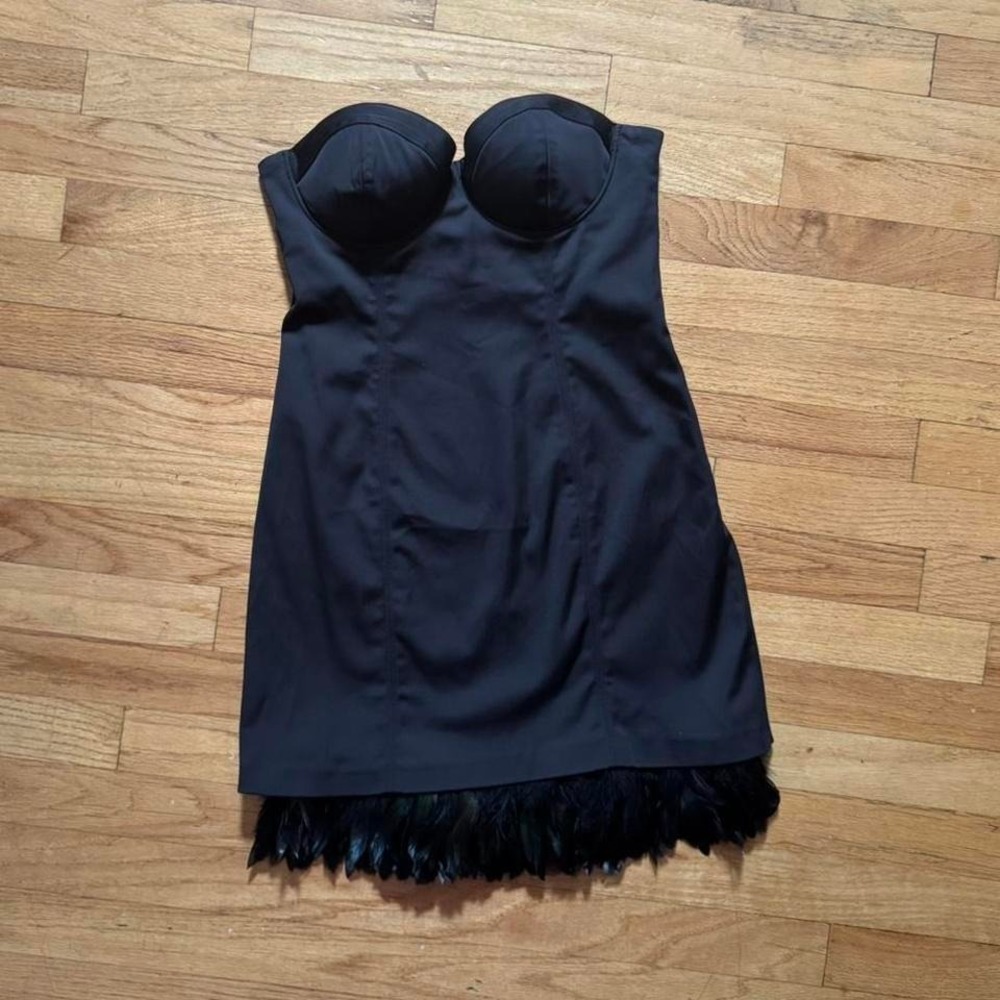 Y2K Guess Feather Trim Mini Dress Women's Size 7 Black Corset Strapless Punk Emo